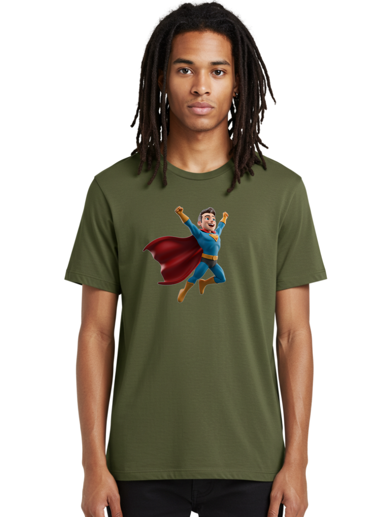 Superman Men'S Graphic Tee, 100% Cotton, Comfortable Casual Summer Wear, Machine Washable, Superhero Character, 3D Cartoon Man, Flying Superhero, Blue Costume, Red Cape, Yellow Emblem, Bold Hero, Dynamic Pose, Superhero Emblem, Comic Hero, Bae791