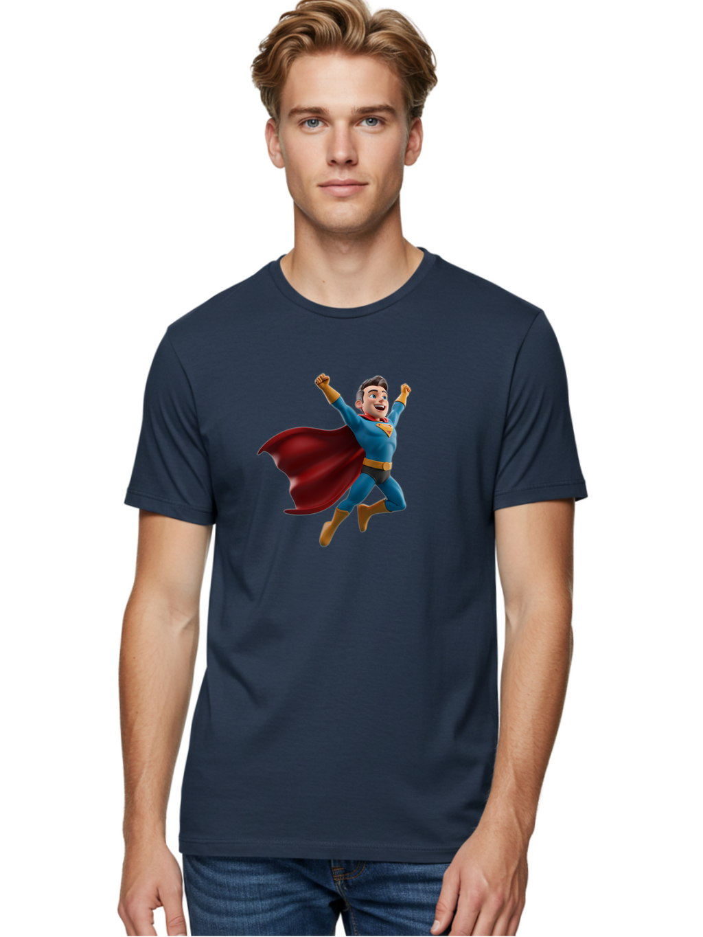 Superman Men'S Graphic Tee, 100% Cotton, Comfortable Casual Summer Wear, Machine Washable, Superhero Character, 3D Cartoon Man, Flying Superhero, Blue Costume, Red Cape, Yellow Emblem, Bold Hero, Dynamic Pose, Superhero Emblem, Comic Hero, Bae791