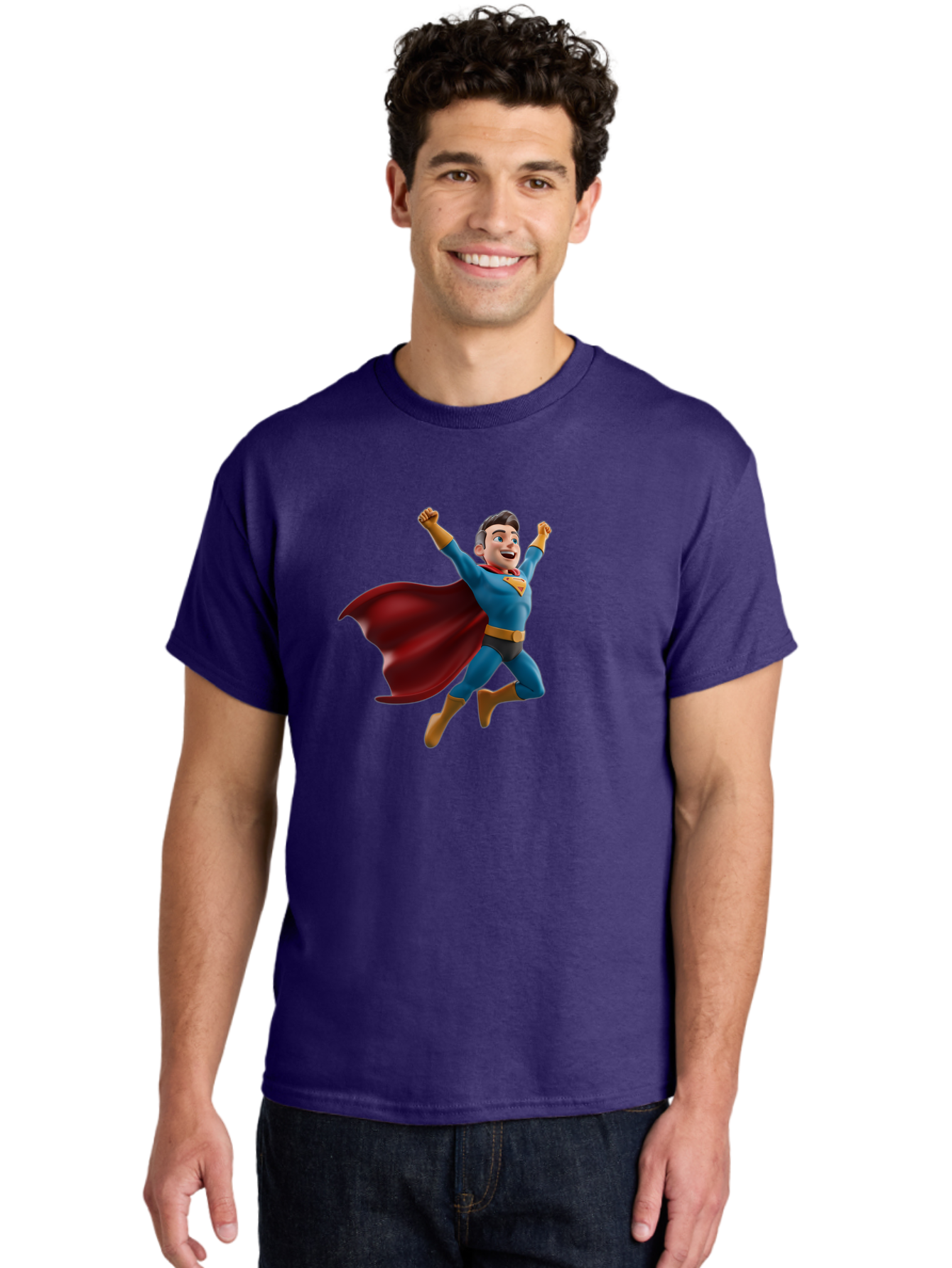 Superman Men'S Graphic Tee, 100% Cotton, Comfortable Casual Summer Wear, Machine Washable, Superhero Character, 3D Cartoon Man, Flying Superhero, Blue Costume, Red Cape, Yellow Emblem, Bold Hero, Dynamic Pose, Superhero Emblem, Comic Hero, Bae791