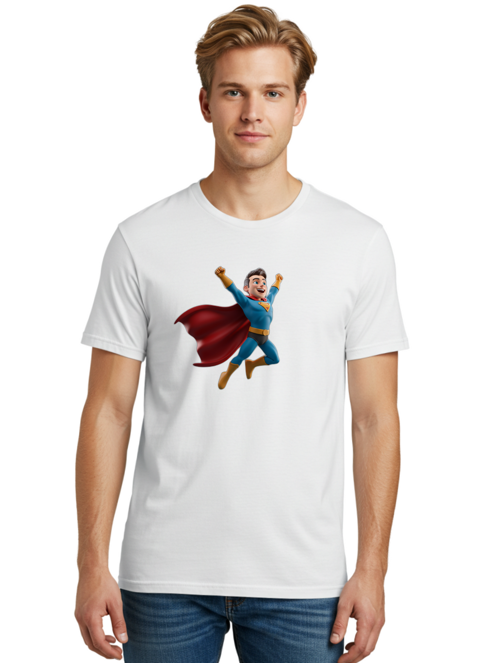 Superman Men'S Graphic Tee, 100% Cotton, Comfortable Casual Summer Wear, Machine Washable, Superhero Character, 3D Cartoon Man, Flying Superhero, Blue Costume, Red Cape, Yellow Emblem, Bold Hero, Dynamic Pose, Superhero Emblem, Comic Hero, Bae791