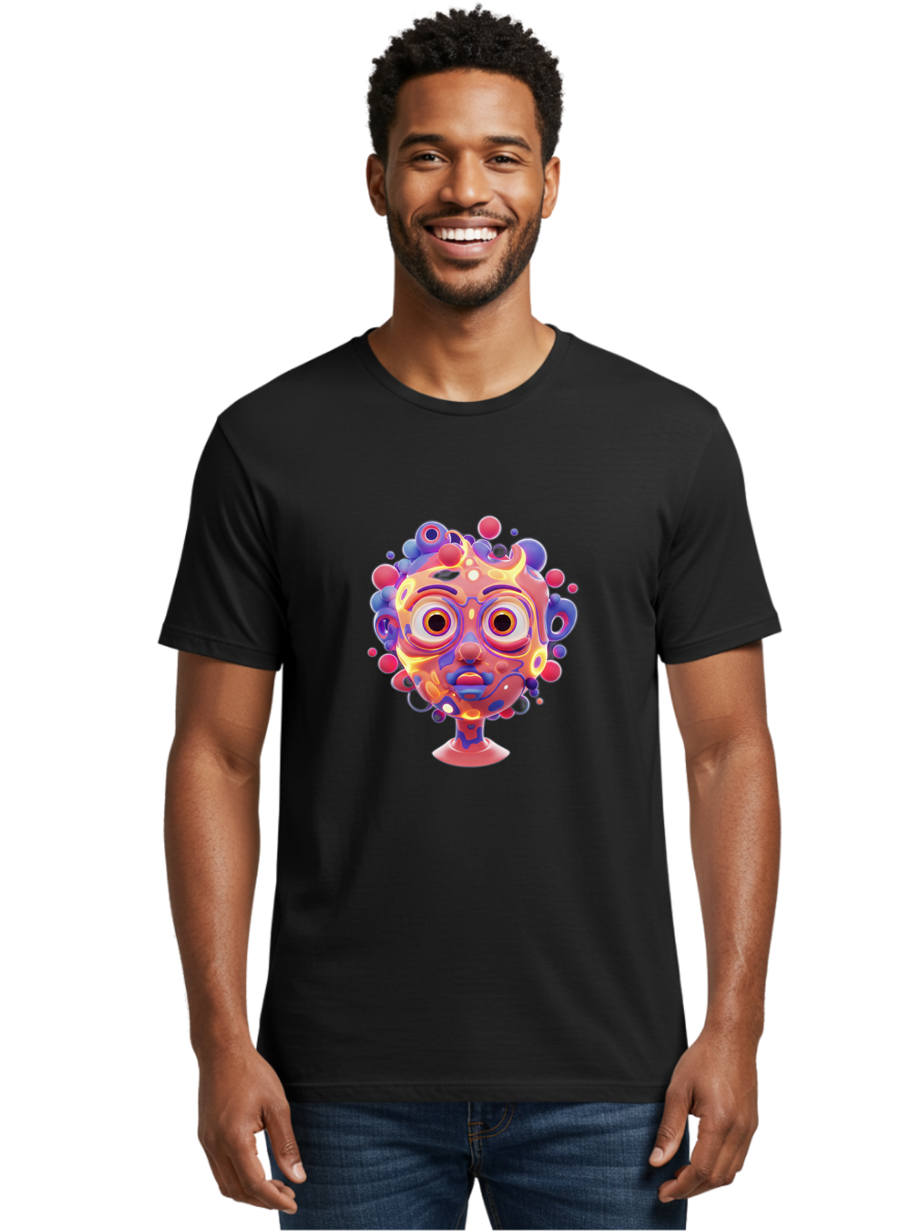 Surreal-Face Men'S Graphic Tee, 100% Cotton, Comfortable Casual Summer Wear, Machine Washable, Surreal Art, Abstract Face, Vibrant Colors, Dreamlike Atmosphere, Psychedelic Design, Futuristic Character, Colorful Eyes Bae792