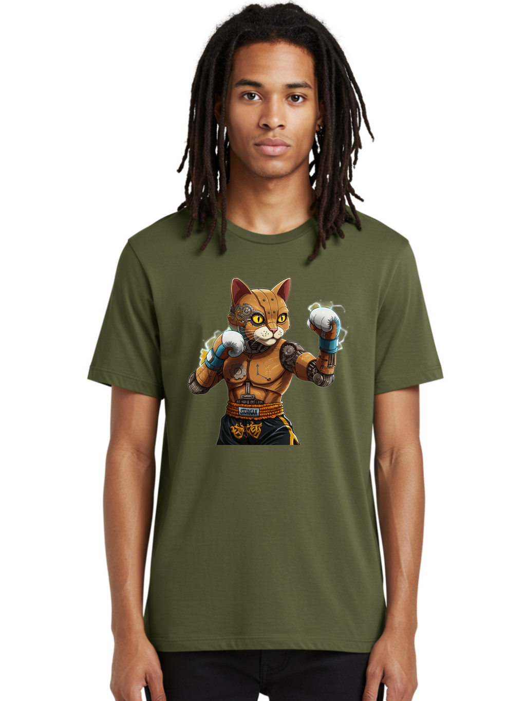 Sworcat Men'S Graphic Tee, 100% Cotton, Comfortable Casual Summer Wear, Machine Washable, Cybernetic Cat, Robotic Feline, Futuristic Illustration, Boxing Cat, Mechanical Cat, Cyberpunk Art, Sci-Fi Creature, Steampunk Cat, Techno Cat, Bae793