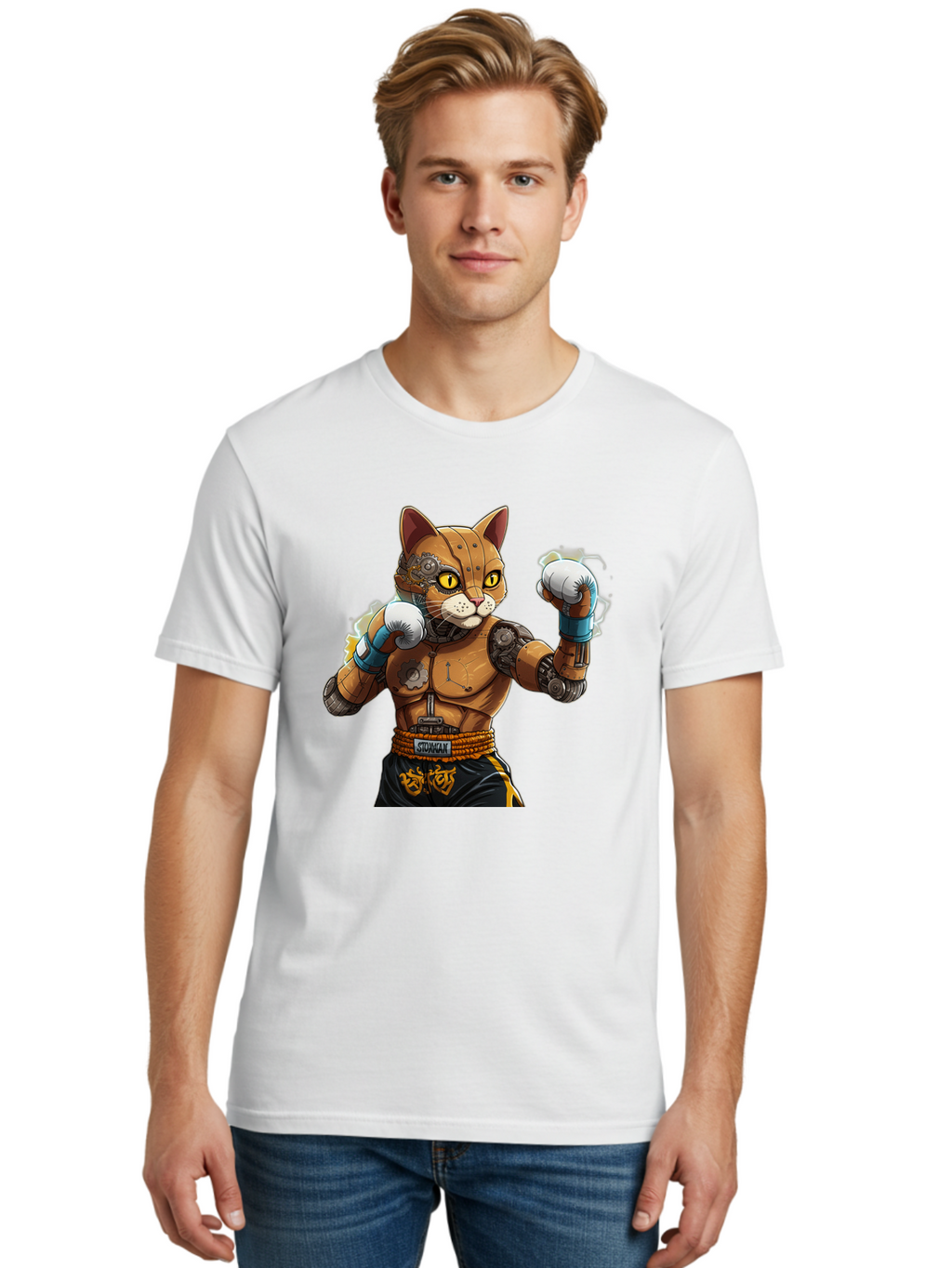 Sworcat Men'S Graphic Tee, 100% Cotton, Comfortable Casual Summer Wear, Machine Washable, Cybernetic Cat, Robotic Feline, Futuristic Illustration, Boxing Cat, Mechanical Cat, Cyberpunk Art, Sci-Fi Creature, Steampunk Cat, Techno Cat, Bae793
