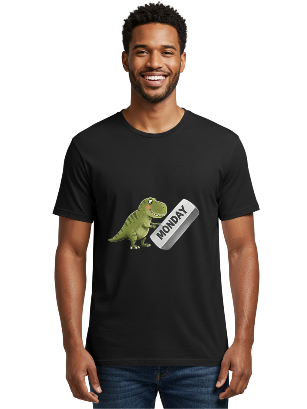 T-Rex-Monday Men'S Graphic Tee, 100% Cotton, Comfortable Casual Summer Wear, Machine Washable, Cartoon Dinosaur Holding 'Monday' Sign, Funny Prehistoric Creature, Humorous Illustration, Monday Motivation, Dino Humor, T-Rex Character Bae794