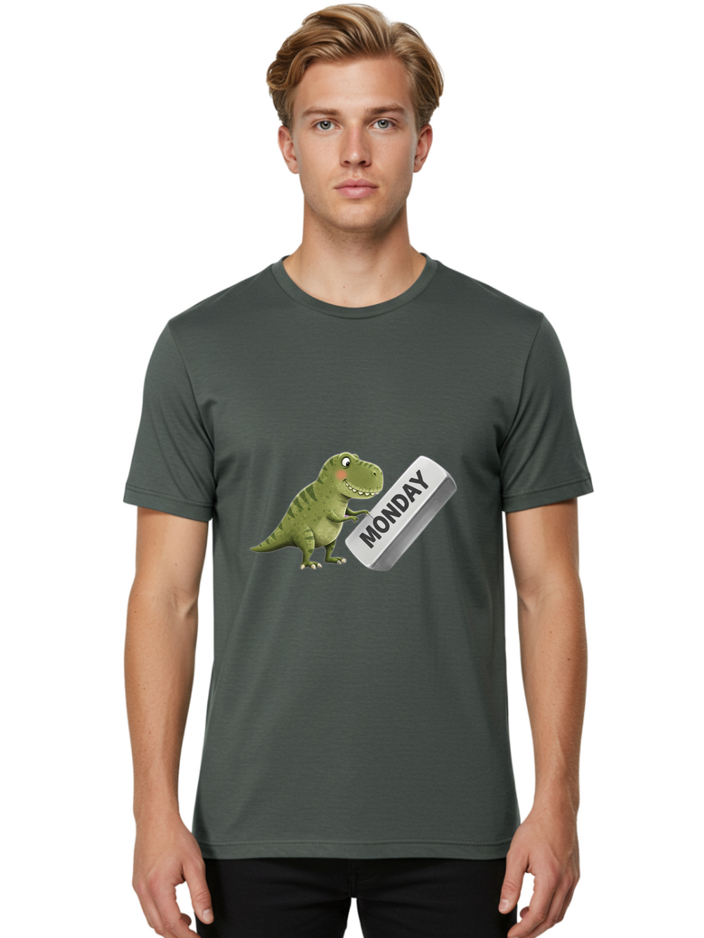 T-Rex-Monday Men'S Graphic Tee, 100% Cotton, Comfortable Casual Summer Wear, Machine Washable, Cartoon Dinosaur Holding 'Monday' Sign, Funny Prehistoric Creature, Humorous Illustration, Monday Motivation, Dino Humor, T-Rex Character Bae794