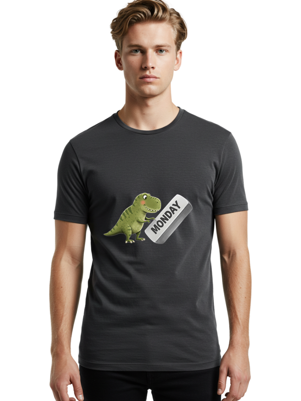 T-Rex-Monday Men'S Graphic Tee, 100% Cotton, Comfortable Casual Summer Wear, Machine Washable, Cartoon Dinosaur Holding 'Monday' Sign, Funny Prehistoric Creature, Humorous Illustration, Monday Motivation, Dino Humor, T-Rex Character Bae794