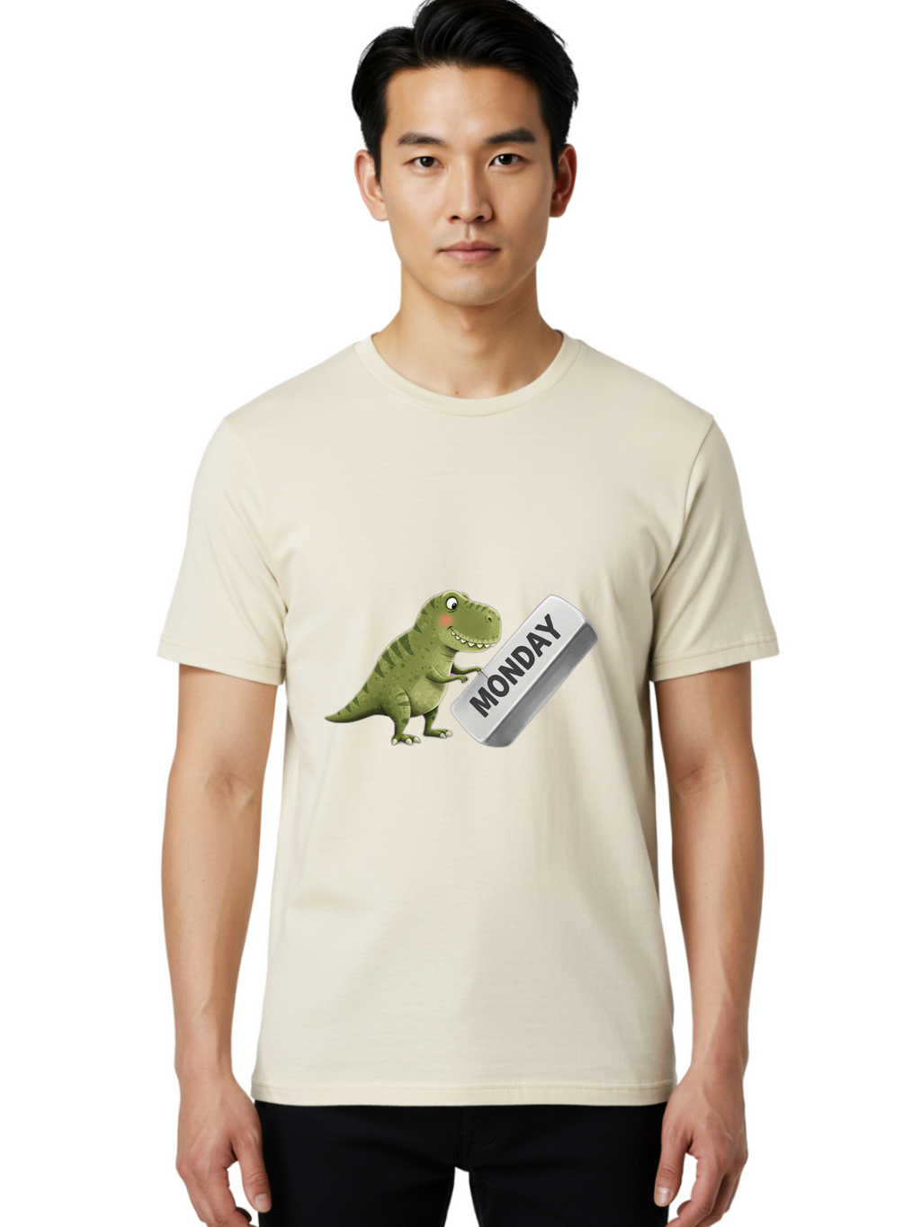 T-Rex-Monday Men'S Graphic Tee, 100% Cotton, Comfortable Casual Summer Wear, Machine Washable, Cartoon Dinosaur Holding 'Monday' Sign, Funny Prehistoric Creature, Humorous Illustration, Monday Motivation, Dino Humor, T-Rex Character Bae794