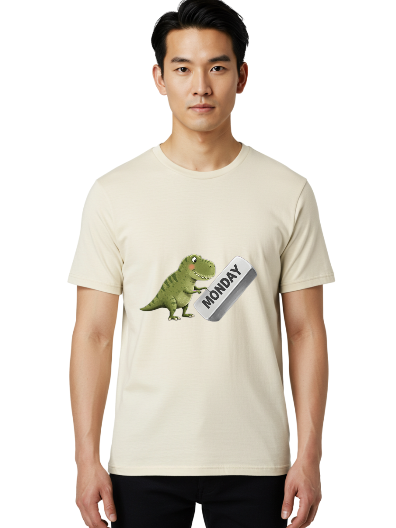 T-Rex-Monday Men'S Graphic Tee, 100% Cotton, Comfortable Casual Summer Wear, Machine Washable, Cartoon Dinosaur Holding 'Monday' Sign, Funny Prehistoric Creature, Humorous Illustration, Monday Motivation, Dino Humor, T-Rex Character Bae794