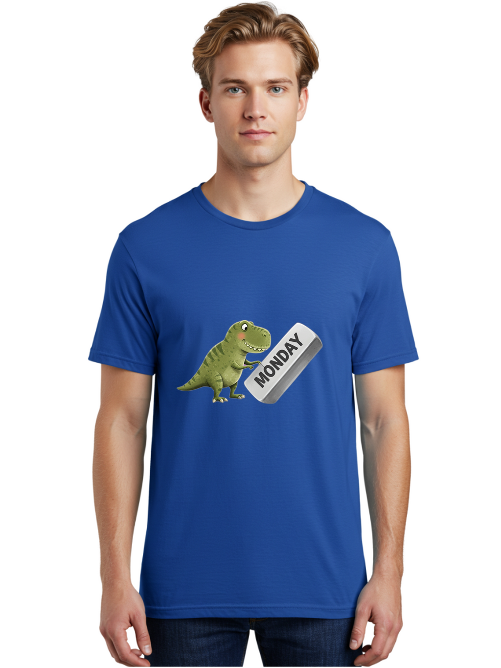 T-Rex-Monday Men'S Graphic Tee, 100% Cotton, Comfortable Casual Summer Wear, Machine Washable, Cartoon Dinosaur Holding 'Monday' Sign, Funny Prehistoric Creature, Humorous Illustration, Monday Motivation, Dino Humor, T-Rex Character Bae794