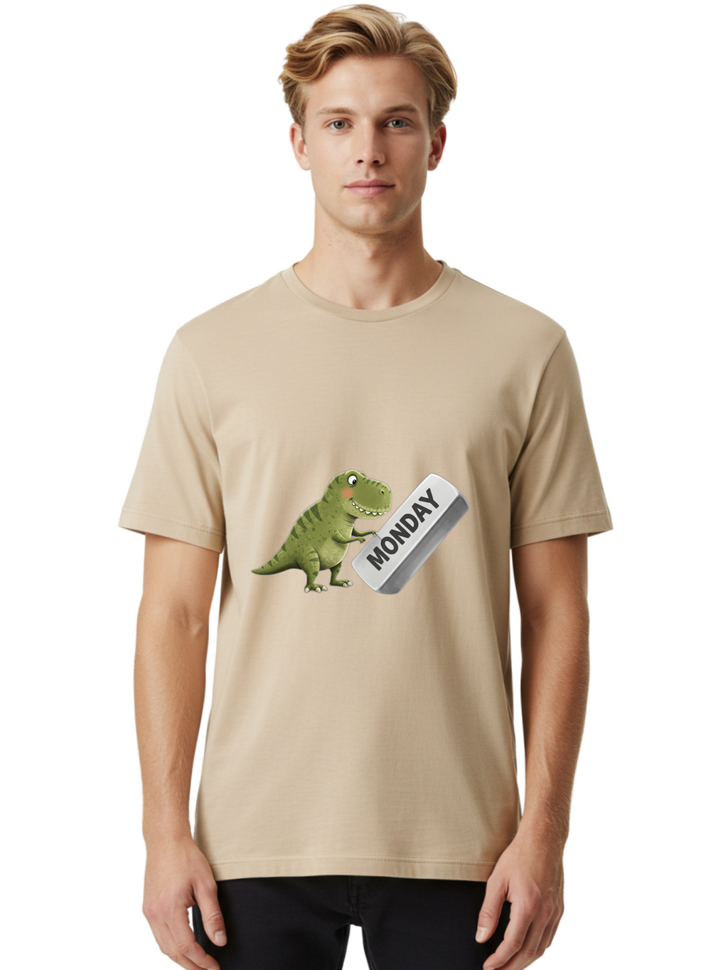 T-Rex-Monday Men'S Graphic Tee, 100% Cotton, Comfortable Casual Summer Wear, Machine Washable, Cartoon Dinosaur Holding 'Monday' Sign, Funny Prehistoric Creature, Humorous Illustration, Monday Motivation, Dino Humor, T-Rex Character Bae794