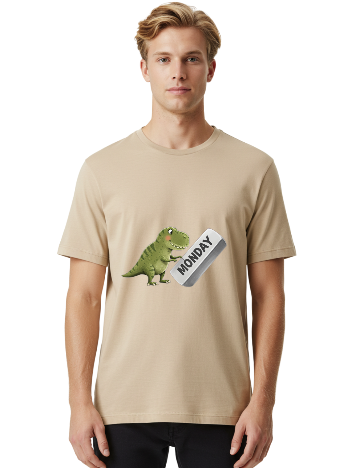 T-Rex-Monday Men'S Graphic Tee, 100% Cotton, Comfortable Casual Summer Wear, Machine Washable, Cartoon Dinosaur Holding 'Monday' Sign, Funny Prehistoric Creature, Humorous Illustration, Monday Motivation, Dino Humor, T-Rex Character Bae794