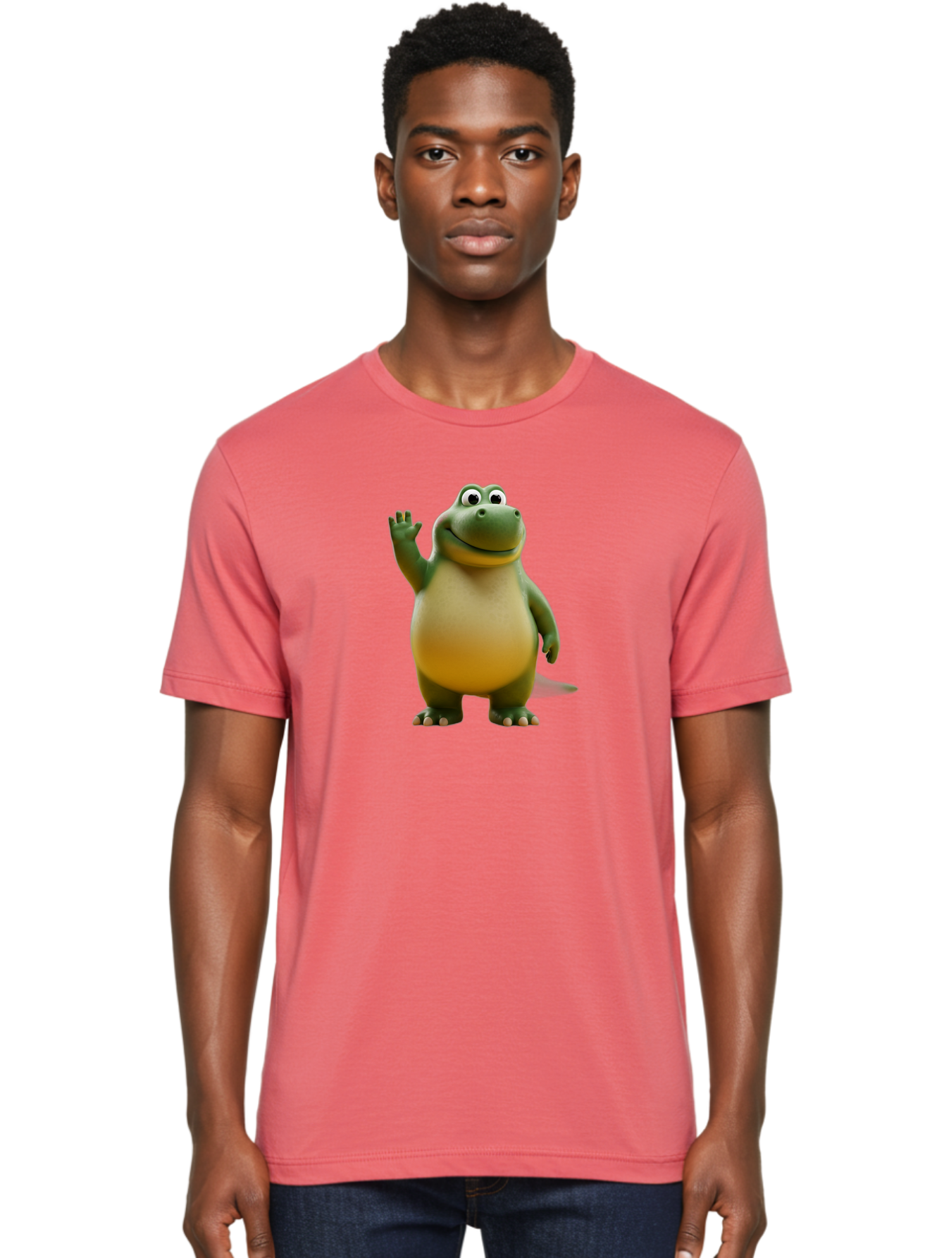 T-Rex Men'S Graphic Tee, 100% Cotton, Comfortable Casual Summer Wear, Machine Washable, Cartoon Dinosaur, Friendly Dinosaur, Waving Dinosaur, Green Dinosaur, Happy Dinosaur, 3D Illustration, Cheerful Character, Prehistoric Creature, Bae795