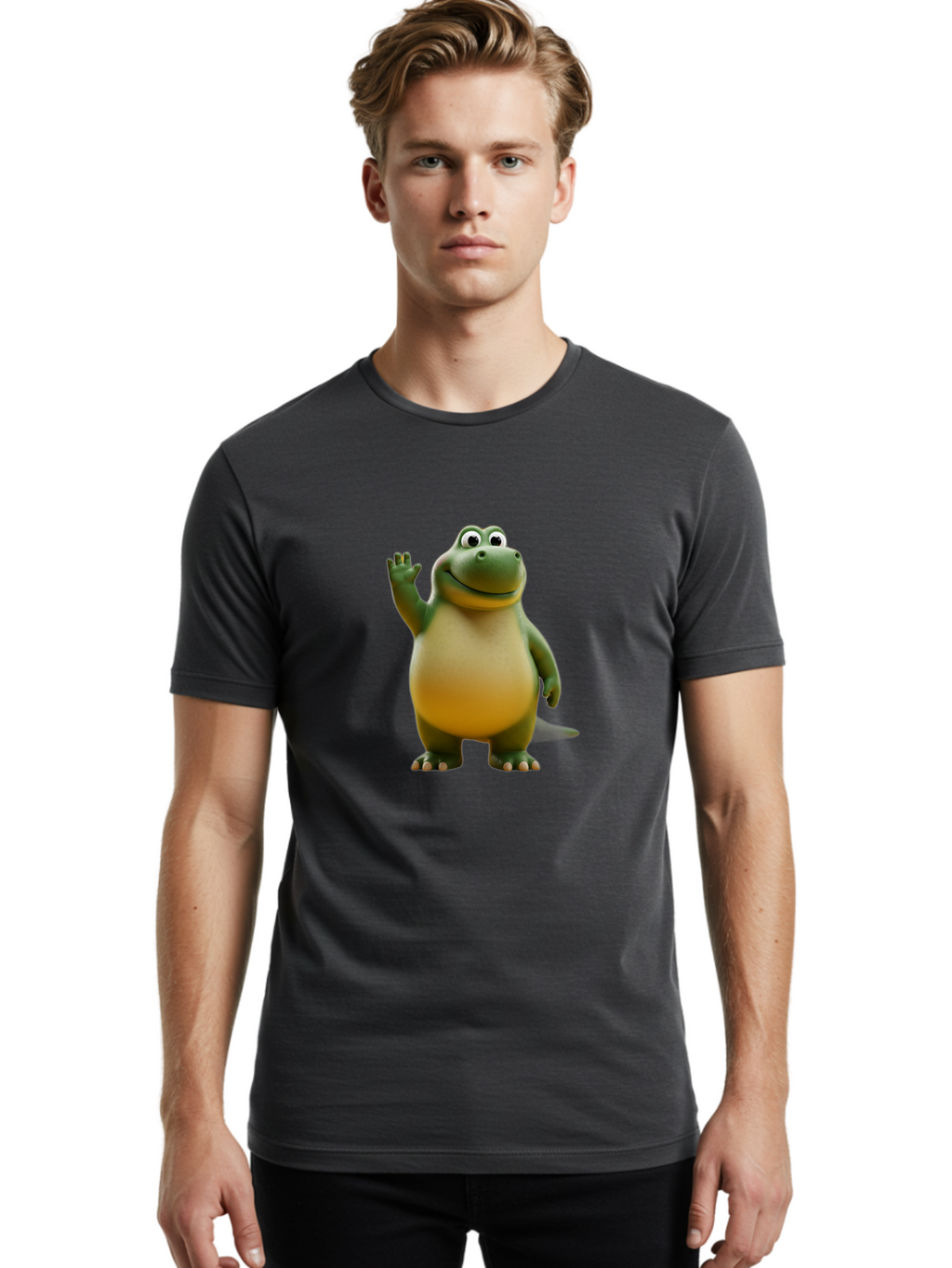 T-Rex Men'S Graphic Tee, 100% Cotton, Comfortable Casual Summer Wear, Machine Washable, Cartoon Dinosaur, Friendly Dinosaur, Waving Dinosaur, Green Dinosaur, Happy Dinosaur, 3D Illustration, Cheerful Character, Prehistoric Creature, Bae795