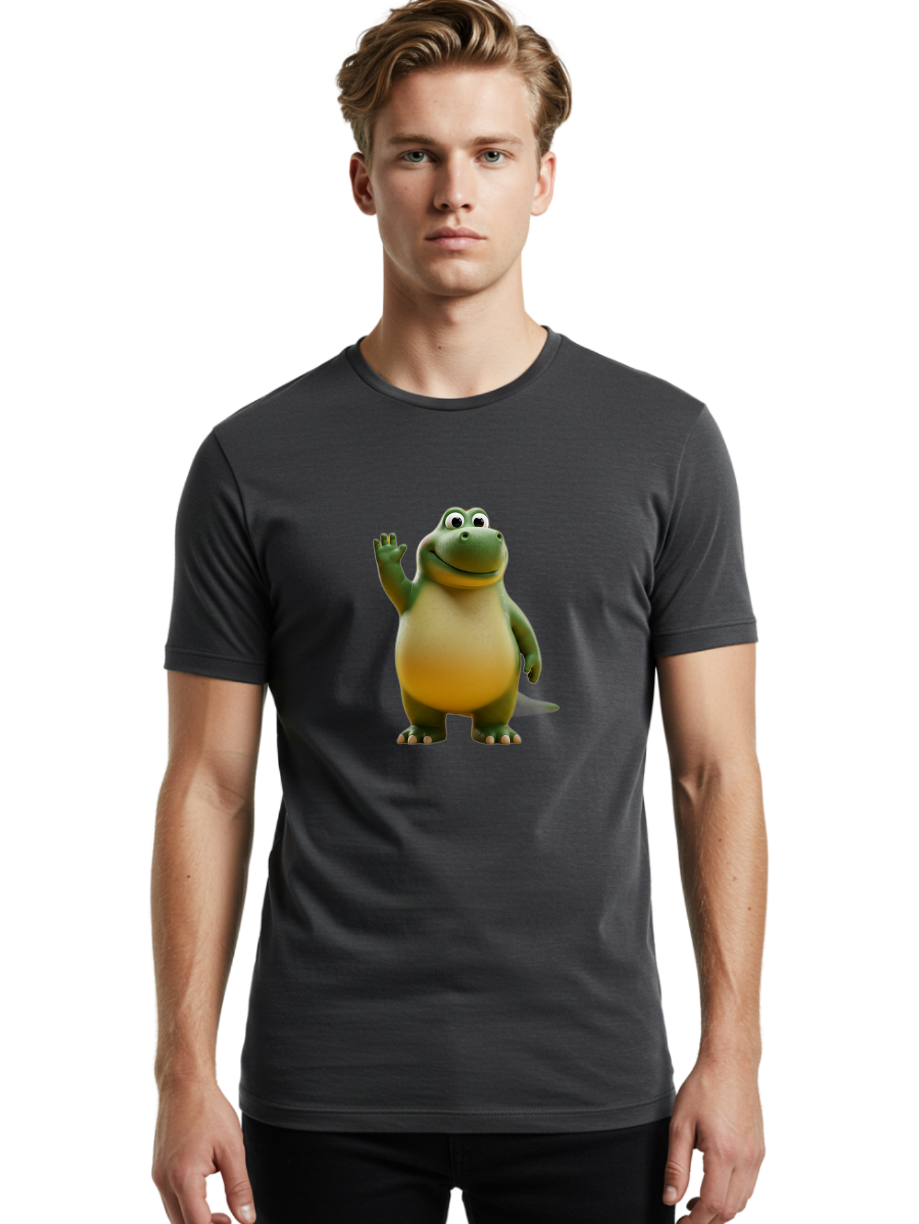 T-Rex Men'S Graphic Tee, 100% Cotton, Comfortable Casual Summer Wear, Machine Washable, Cartoon Dinosaur, Friendly Dinosaur, Waving Dinosaur, Green Dinosaur, Happy Dinosaur, 3D Illustration, Cheerful Character, Prehistoric Creature, Bae795