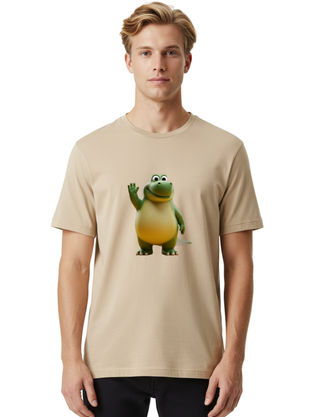 T-Rex Men'S Graphic Tee, 100% Cotton, Comfortable Casual Summer Wear, Machine Washable, Cartoon Dinosaur, Friendly Dinosaur, Waving Dinosaur, Green Dinosaur, Happy Dinosaur, 3D Illustration, Cheerful Character, Prehistoric Creature, Bae795