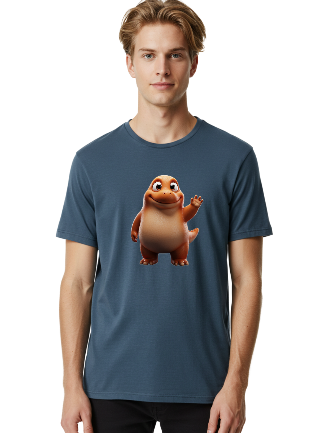 The-Good-Dinosaur Men'S Graphic Tee, 100% Cotton, Comfortable Casual Summer Wear, Machine Washable, Cartoon Dinosaur, Friendly Character, Smiling T-Rex, Animated Creature, Waving Hand, Children'S Entertainment, Prehistoric Animal, Bae797