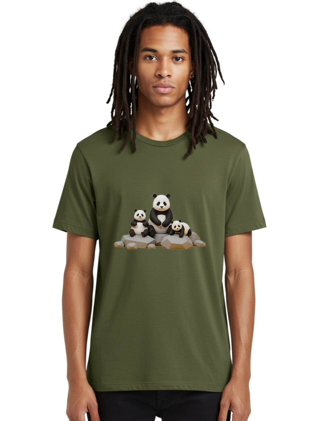 Three-Pandas Men'S Graphic Tee, 100% Cotton, Comfortable Casual Summer Wear, Machine Washable, Three Pandas Sitting On Rocks, Cute Pandas, Adorable Animals, Cartoon Style, 3D Rendering, Panda Family, Wildlife Illustration, Bae799