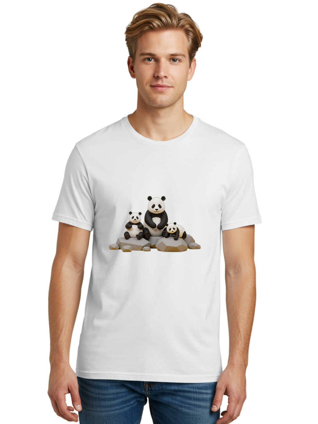 Three-Pandas Men'S Graphic Tee, 100% Cotton, Comfortable Casual Summer Wear, Machine Washable, Three Pandas Sitting On Rocks, Cute Pandas, Adorable Animals, Cartoon Style, 3D Rendering, Panda Family, Wildlife Illustration, Bae799