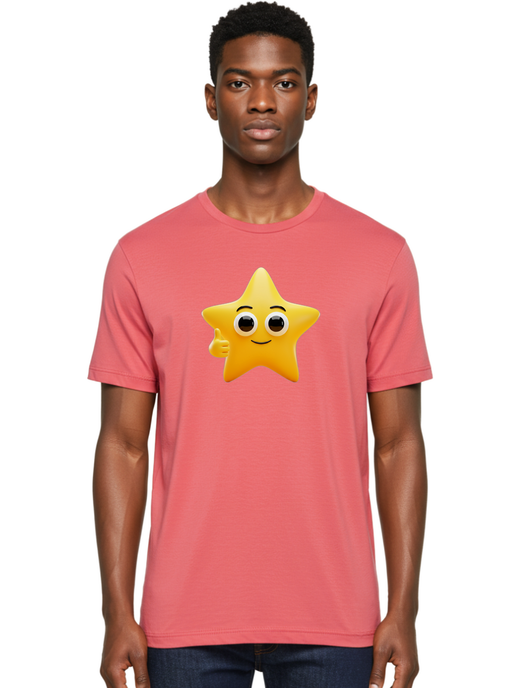 Thumbs-Up-Star Men'S Graphic Tee, 100% Cotton, Comfortable Casual Summer Wear, Machine Washable, Cartoon Star, Thumbs Up Gesture, Smiling Face, Yellow Star Character, Approval Symbol, Friendly Emoji, Cute Mascot, Positive Attitude Bae800