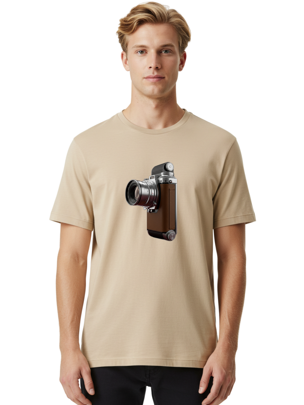 Vintage-Camera-8 Men'S Graphic Tee, 100% Cotton, Comfortable Casual Summer Wear, Machine Washable, Retro Camera, Old Photography Equipment, Classic Design, Film Camera, Lens, Brown Body, Silver Accents, Photography History, Nostalgic Feel, Bae812