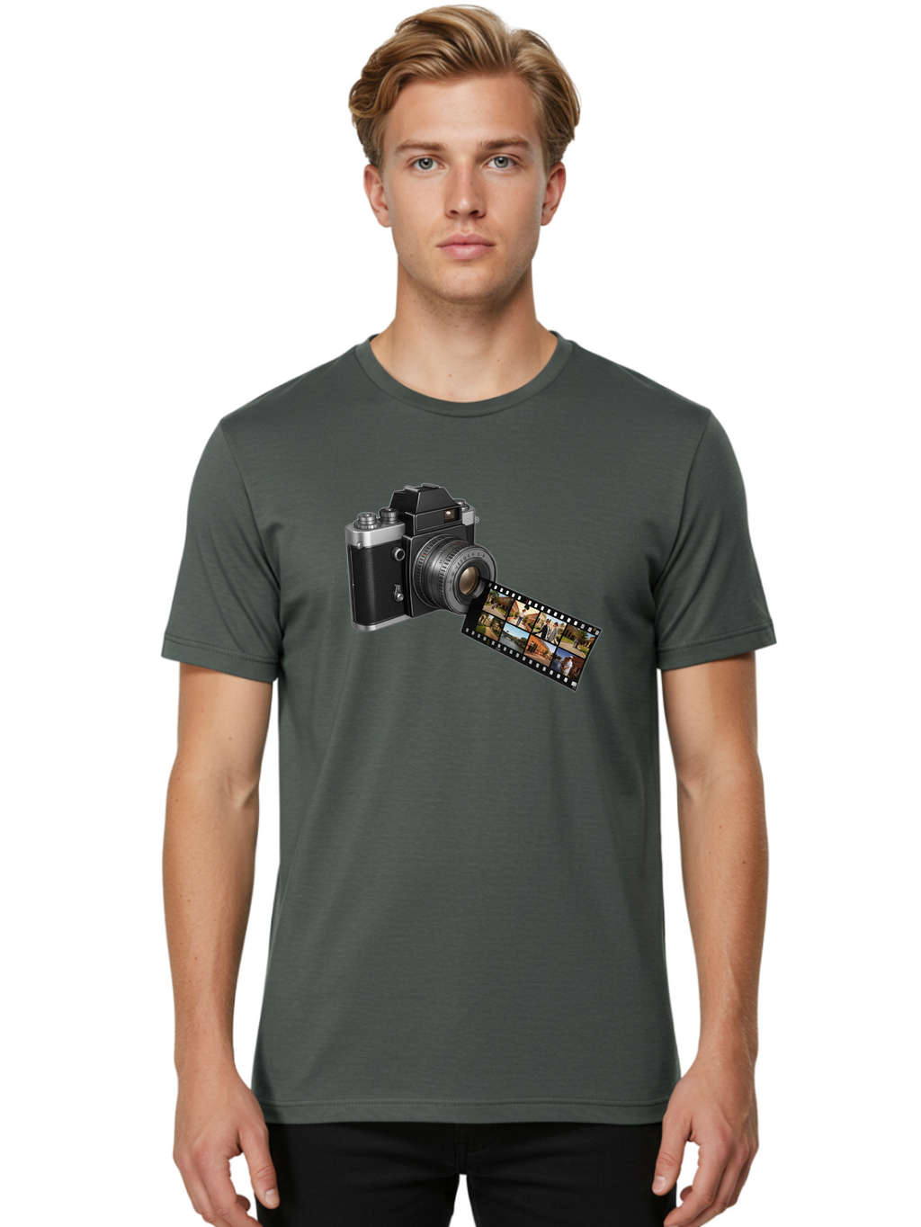 Vintage-Camera-With-Film-Strip Men'S Graphic Tee, 100% Cotton, Comfortable Casual Summer Wear, Machine Washable, Vintage Camera, Film Strip, Photography, Retro Style, Analog Photography, Camera Lens, Photographic Film, Travel Scenes, Bae814