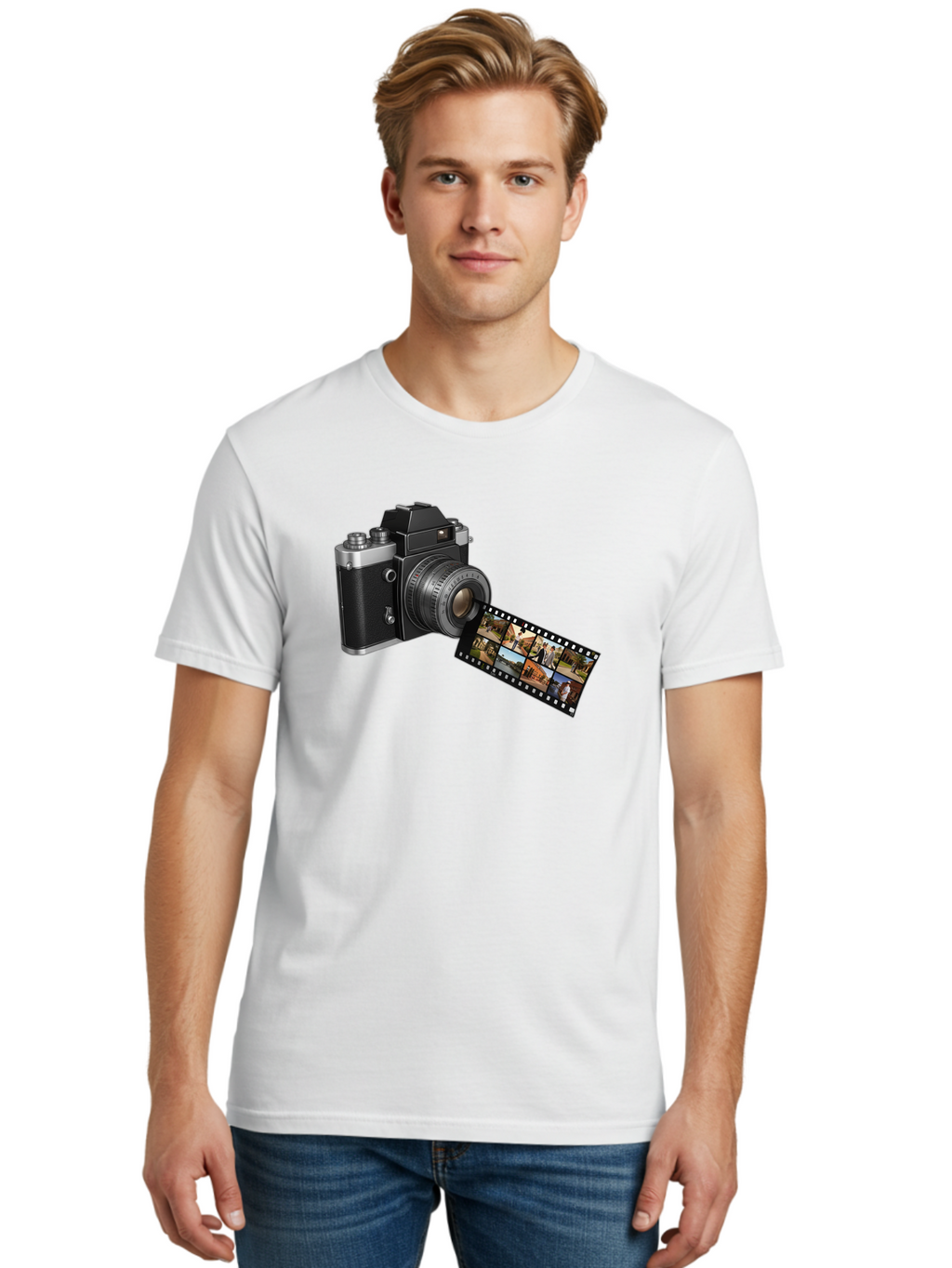 Vintage-Camera-With-Film-Strip Men'S Graphic Tee, 100% Cotton, Comfortable Casual Summer Wear, Machine Washable, Vintage Camera, Film Strip, Photography, Retro Style, Analog Photography, Camera Lens, Photographic Film, Travel Scenes, Bae814