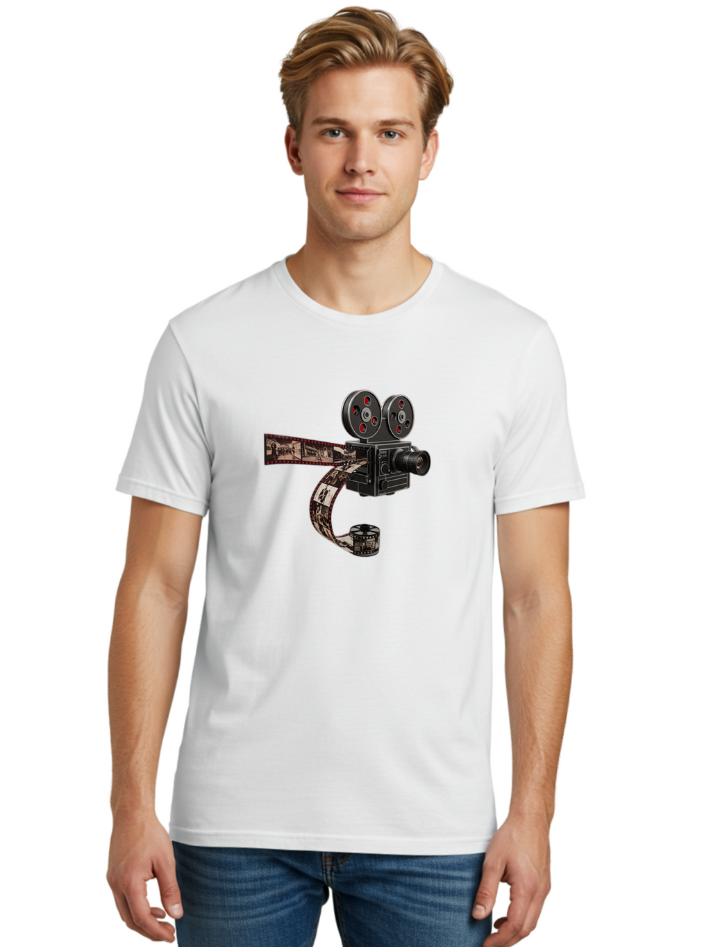 Vintage-Film-Camera Men'S Graphic Tee, 100% Cotton, Comfortable Casual Summer Wear, Machine Washable, Vintage Film Camera, Classic Cinematography, Film Reel, Movie Making, Film Strip, Black And White Images, Retro Photography, Cinematic Style Bae816