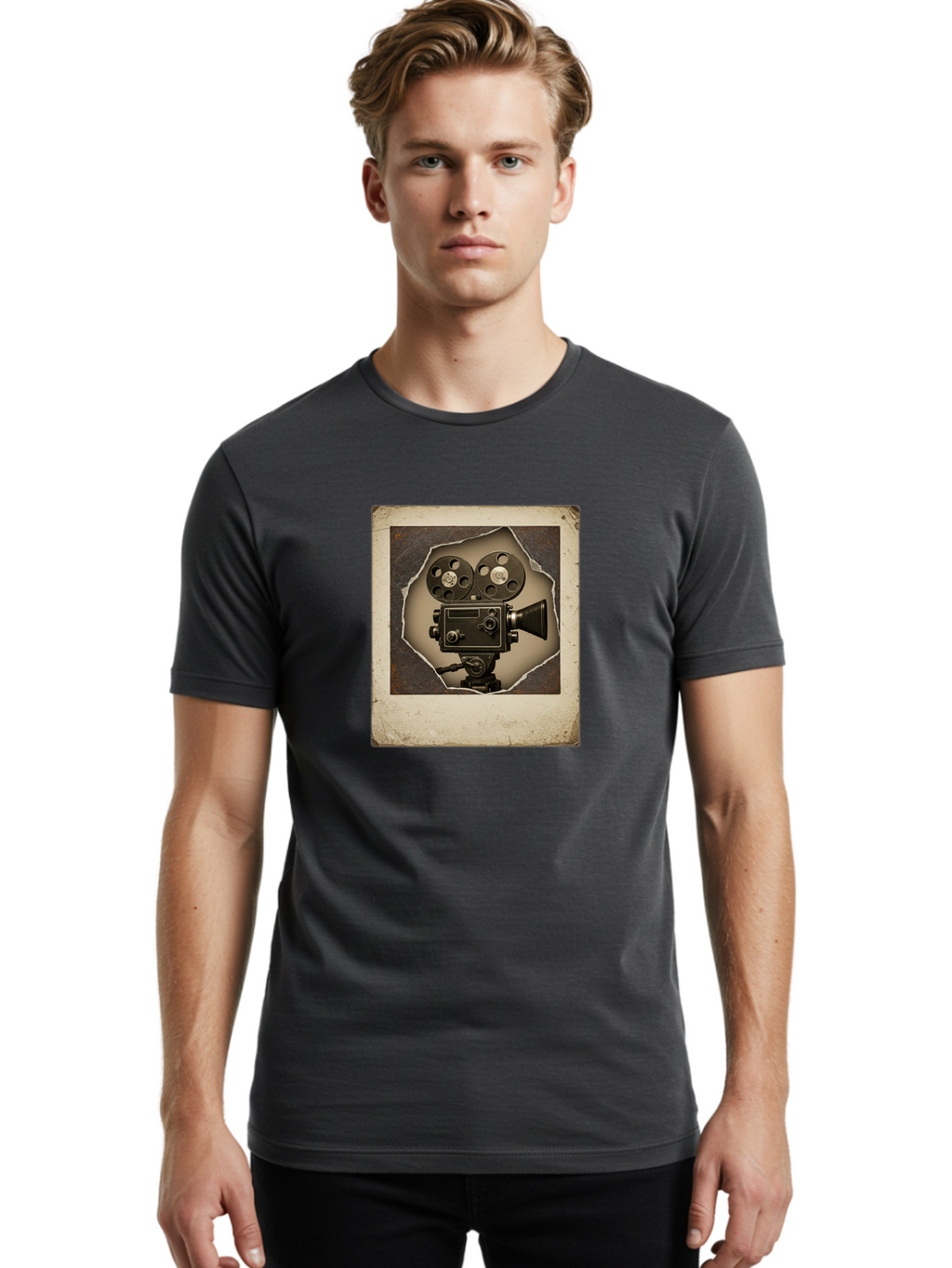 Vintage-Movie-Camera Men'S Graphic Tee, 100% Cotton, Comfortable Casual Summer Wear, Machine Washable, Vintage Movie Camera, Film Reels, Retro Filmmaking, Cinematography, Nostalgic, Classic Cinema, Old Movie Equipment, Filmmaking Accessories Bae817