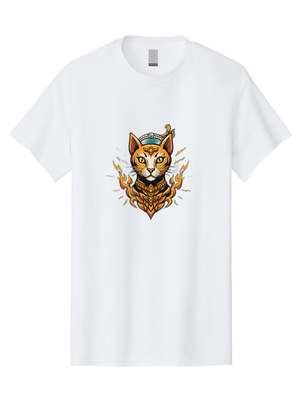 Warrior-Cat-Head Men'S Graphic Tee, 100% Cotton, Comfortable Casual Summer Wear, Machine Washable, Cat With Golden Armor, Warrior Cat, Fantasy Animal, Fierce Expression, Intense Gaze, Sword On Head, Flames, Mystical, Mythical Creature, Bae818