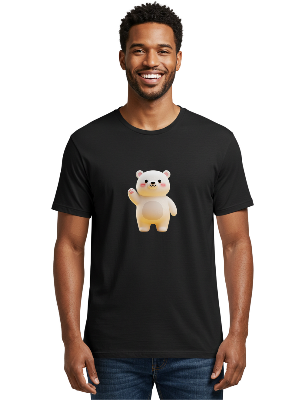 White-Bear-1 Men'S Graphic Tee, 100% Cotton, Comfortable Casual Summer Wear, Machine Washable, Cute Cartoon Bear, White Bear Figurine, Smiling Face, Waving Hand, Soft Toy, Kawaii Character, Nursery Decoration, Plushie, Adorable Animal, Bae819