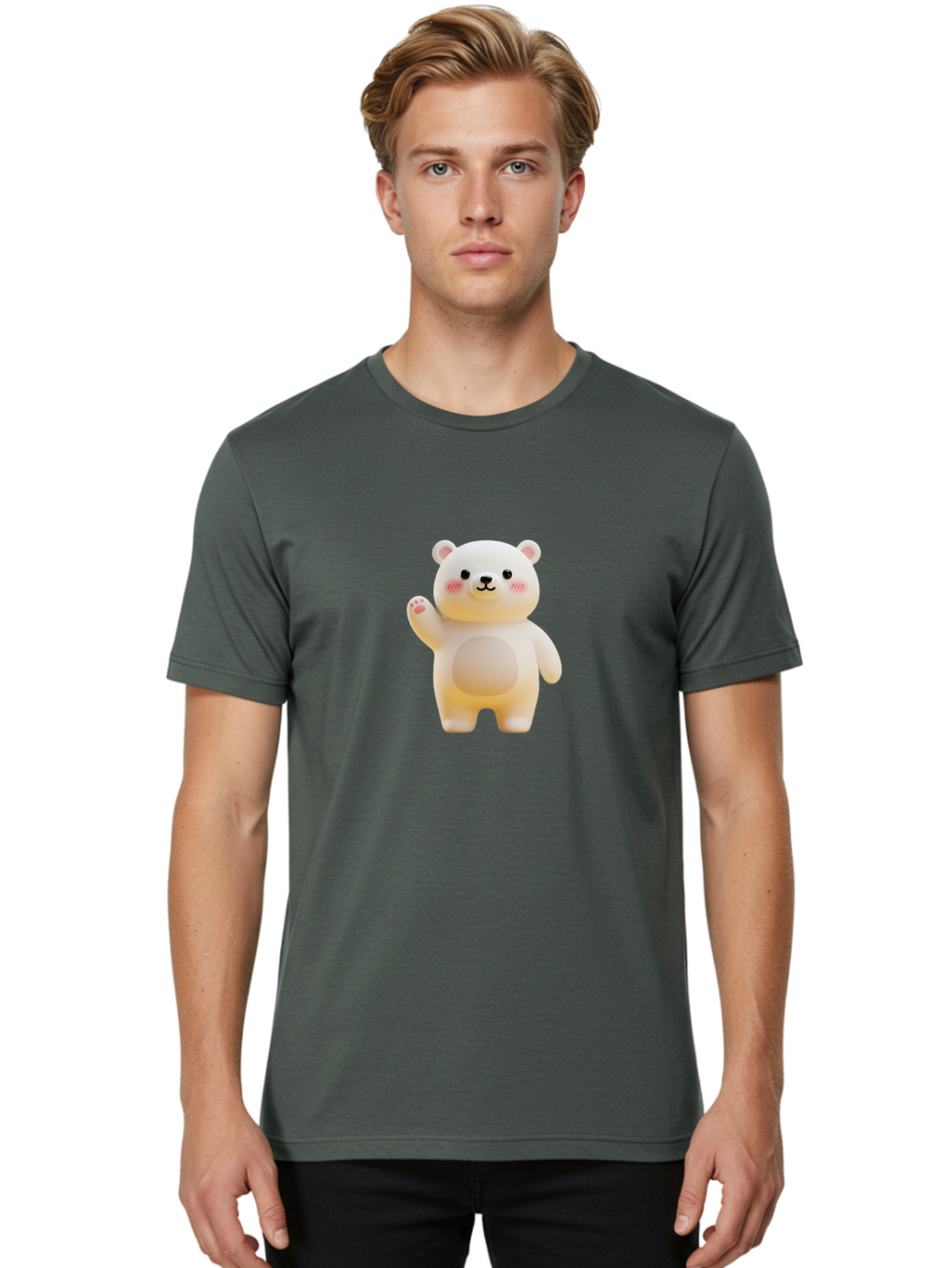White-Bear-1 Men'S Graphic Tee, 100% Cotton, Comfortable Casual Summer Wear, Machine Washable, Cute Cartoon Bear, White Bear Figurine, Smiling Face, Waving Hand, Soft Toy, Kawaii Character, Nursery Decoration, Plushie, Adorable Animal, Bae819