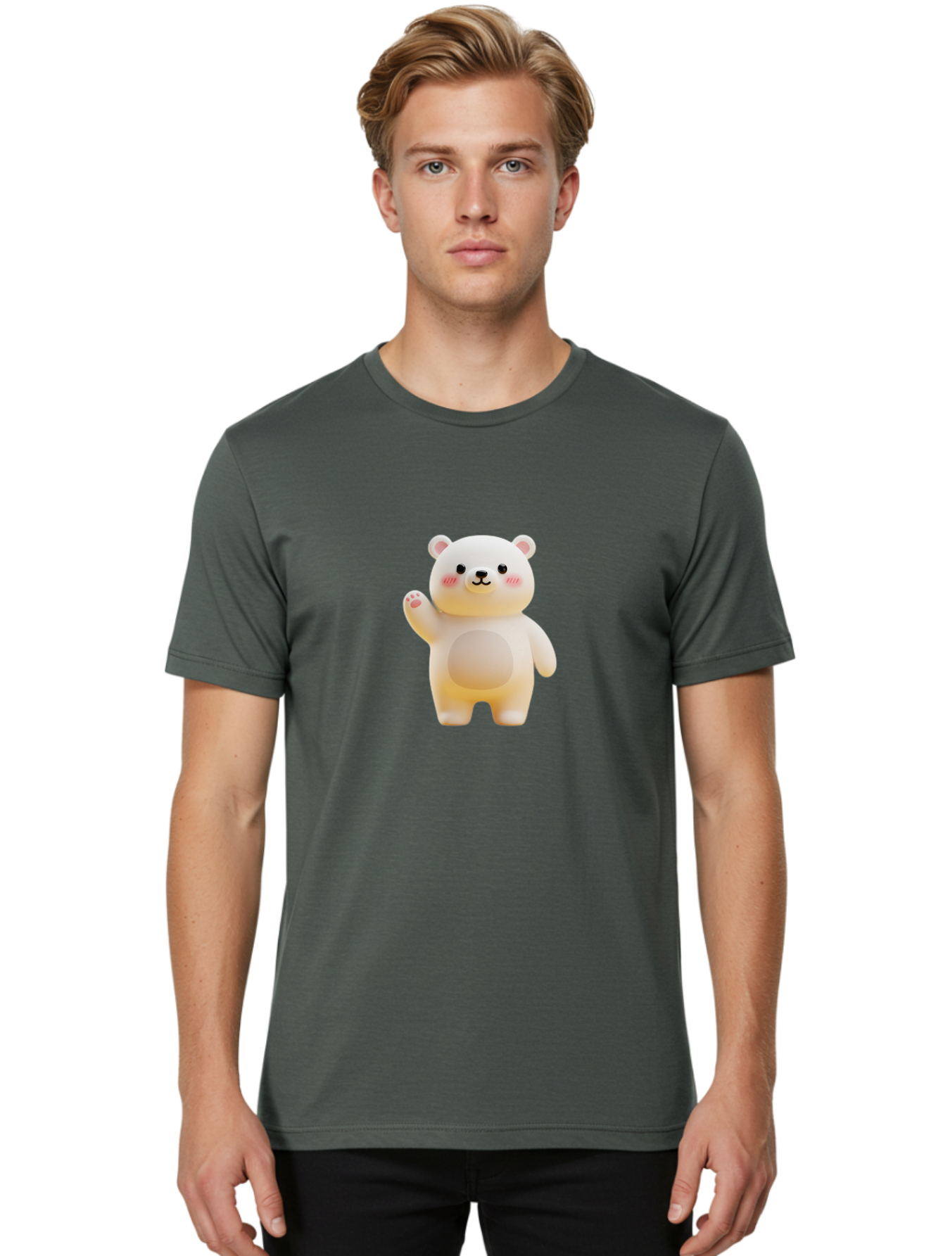 White-Bear-1 Men'S Graphic Tee, 100% Cotton, Comfortable Casual Summer Wear, Machine Washable, Cute Cartoon Bear, White Bear Figurine, Smiling Face, Waving Hand, Soft Toy, Kawaii Character, Nursery Decoration, Plushie, Adorable Animal, Bae819