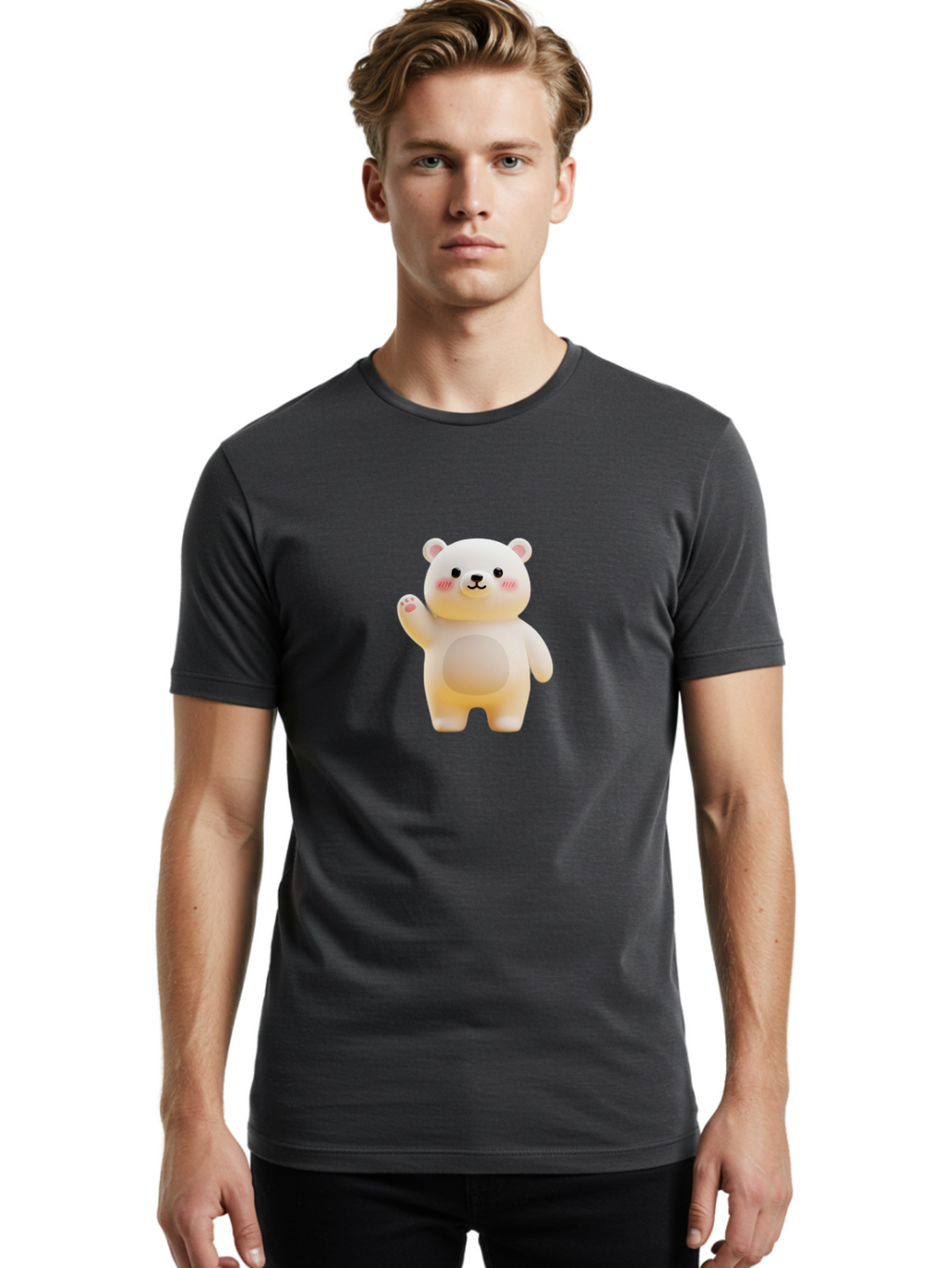 White-Bear-1 Men'S Graphic Tee, 100% Cotton, Comfortable Casual Summer Wear, Machine Washable, Cute Cartoon Bear, White Bear Figurine, Smiling Face, Waving Hand, Soft Toy, Kawaii Character, Nursery Decoration, Plushie, Adorable Animal, Bae819