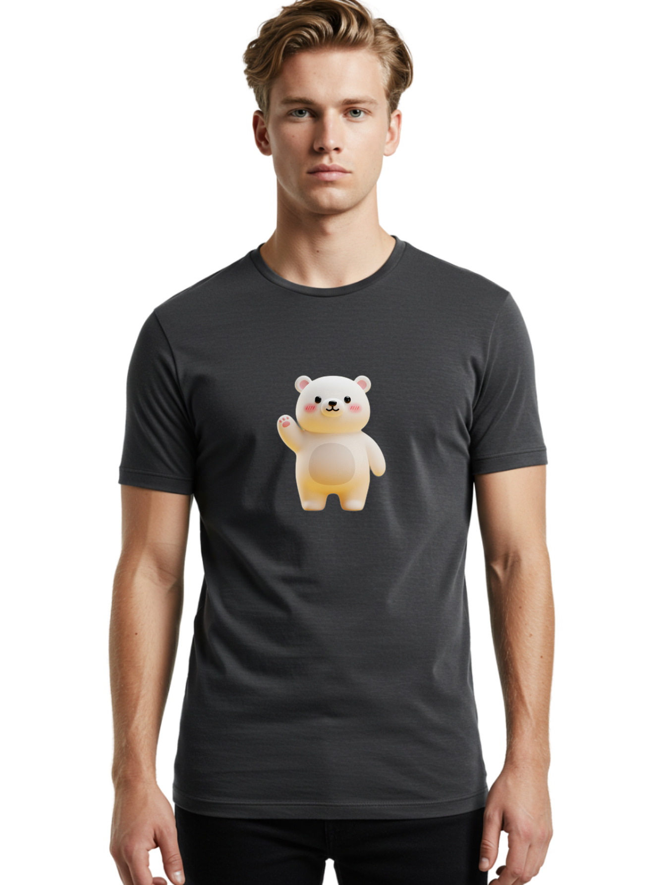 White-Bear-1 Men'S Graphic Tee, 100% Cotton, Comfortable Casual Summer Wear, Machine Washable, Cute Cartoon Bear, White Bear Figurine, Smiling Face, Waving Hand, Soft Toy, Kawaii Character, Nursery Decoration, Plushie, Adorable Animal, Bae819