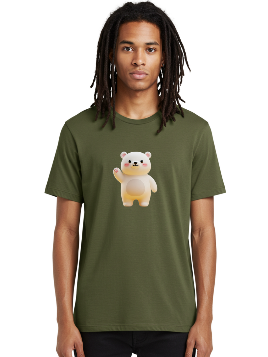 White-Bear-1 Men'S Graphic Tee, 100% Cotton, Comfortable Casual Summer Wear, Machine Washable, Cute Cartoon Bear, White Bear Figurine, Smiling Face, Waving Hand, Soft Toy, Kawaii Character, Nursery Decoration, Plushie, Adorable Animal, Bae819