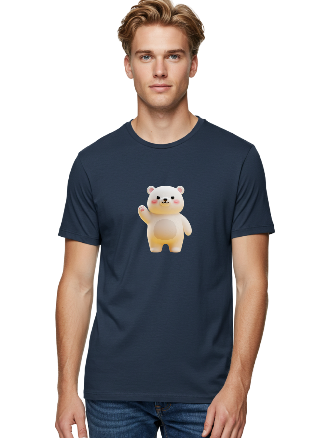White-Bear-1 Men'S Graphic Tee, 100% Cotton, Comfortable Casual Summer Wear, Machine Washable, Cute Cartoon Bear, White Bear Figurine, Smiling Face, Waving Hand, Soft Toy, Kawaii Character, Nursery Decoration, Plushie, Adorable Animal, Bae819