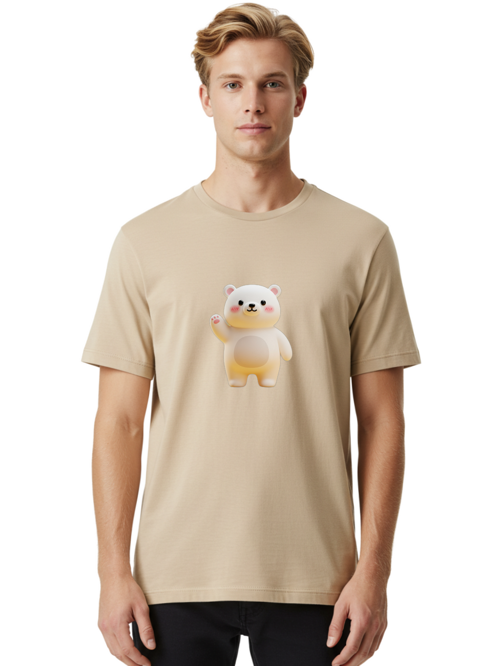 White-Bear-1 Men'S Graphic Tee, 100% Cotton, Comfortable Casual Summer Wear, Machine Washable, Cute Cartoon Bear, White Bear Figurine, Smiling Face, Waving Hand, Soft Toy, Kawaii Character, Nursery Decoration, Plushie, Adorable Animal, Bae819