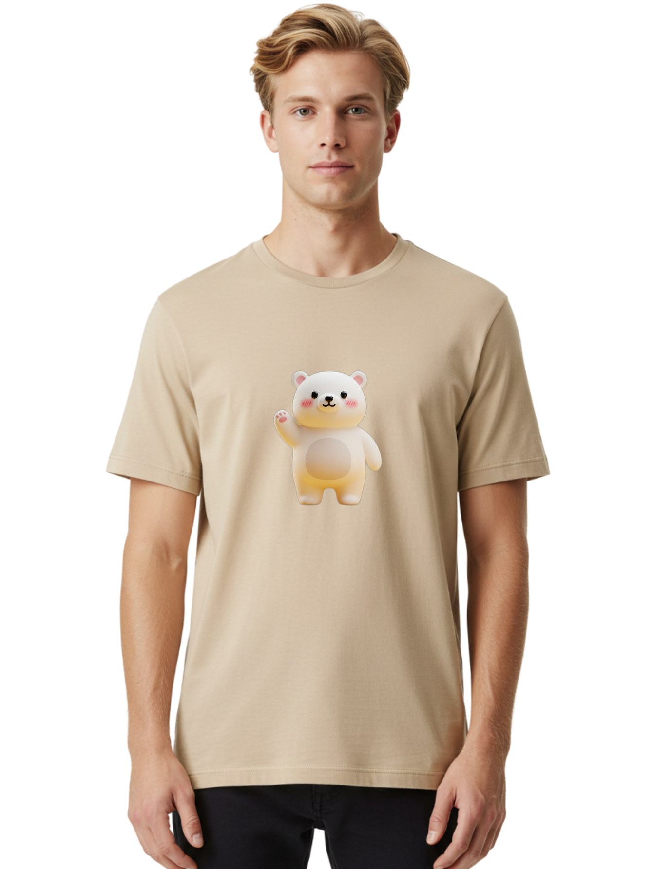 White-Bear-1 Men'S Graphic Tee, 100% Cotton, Comfortable Casual Summer Wear, Machine Washable, Cute Cartoon Bear, White Bear Figurine, Smiling Face, Waving Hand, Soft Toy, Kawaii Character, Nursery Decoration, Plushie, Adorable Animal, Bae819