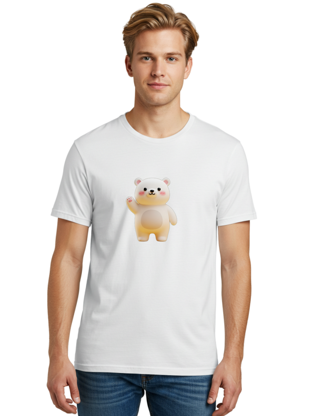 White-Bear-1 Men'S Graphic Tee, 100% Cotton, Comfortable Casual Summer Wear, Machine Washable, Cute Cartoon Bear, White Bear Figurine, Smiling Face, Waving Hand, Soft Toy, Kawaii Character, Nursery Decoration, Plushie, Adorable Animal, Bae819