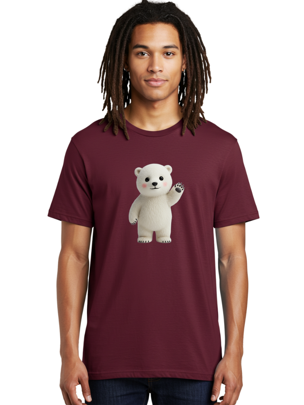 White-Bear Men'S Graphic Tee, 100% Cotton, Comfortable Casual Summer Wear, Machine Washable, Cute Polar Bear, Cartoon Character, Fluffy White Fur, Friendly Gesture, Waving Paw, Adorable Expression, 3D Rendering, Digital Art, Cartoon Style, Bae820