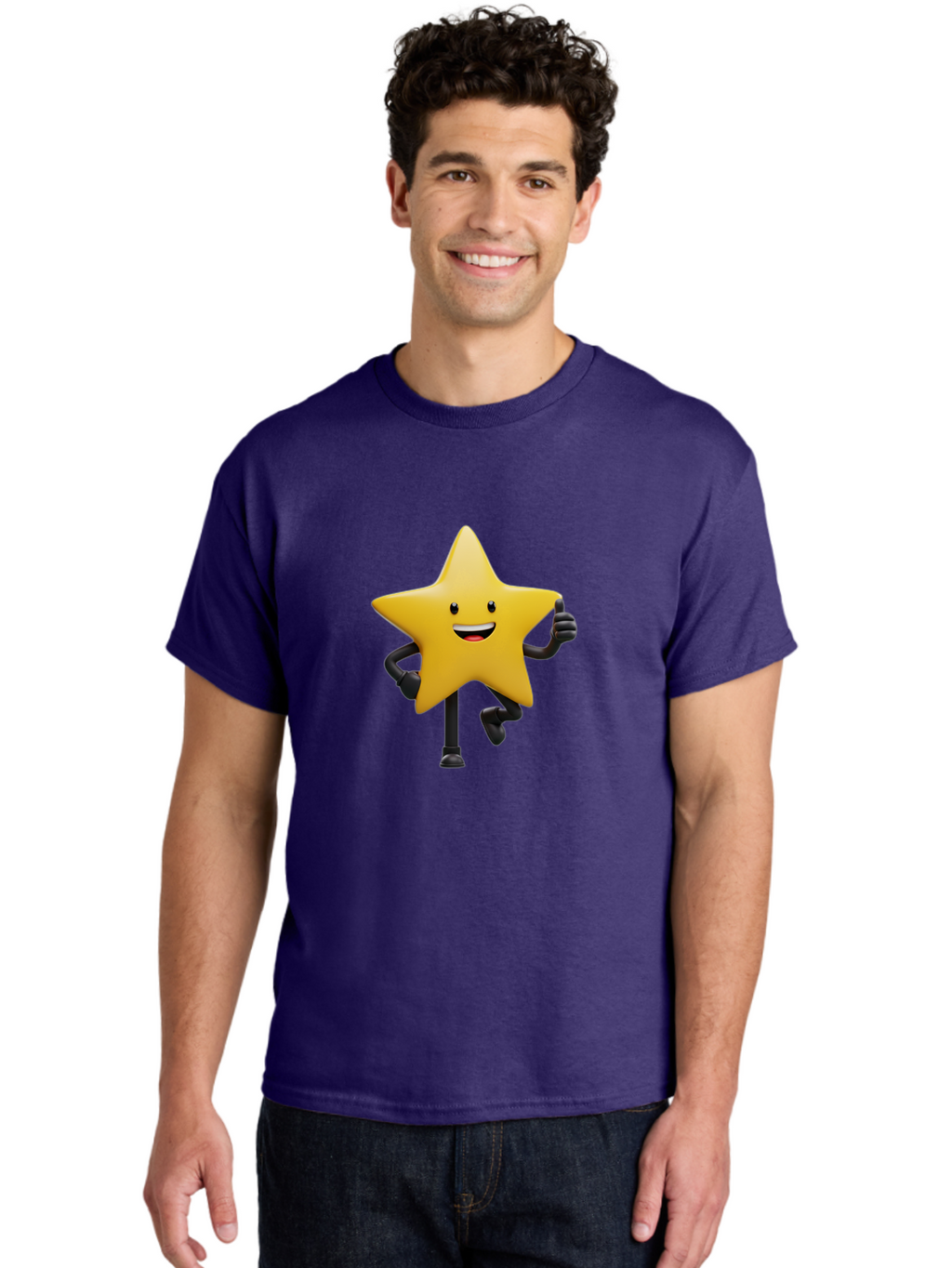 Yellow-Star Men'S Graphic Tee, 100% Cotton, Comfortable Casual Summer Wear, Machine Washable, Cartoon Star, Yellow Star, Smiling Face, Happy Expression, Stick Legs, Animated Character, Funny Star, Cartoon Graphics, Character Design, Bae821