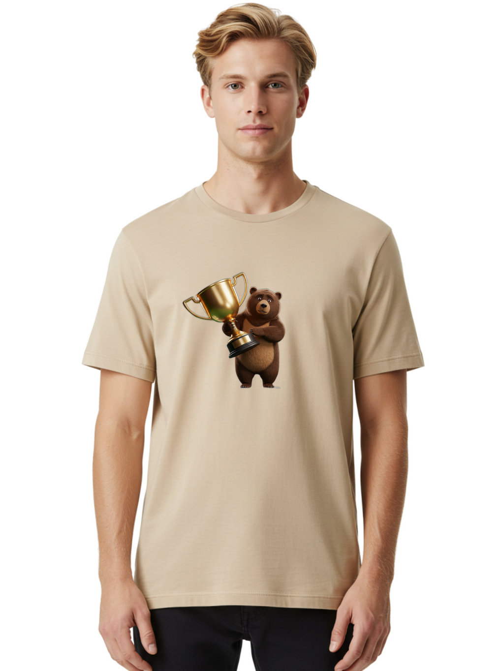 Bear-Holding-Trophy Men'S Graphic Tee, 100% Cotton, Comfortable Casual Summer Wear, Machine Washable, Vintage Camera, Old Camera, Antique Camera, Black Camera, Classic Photography, Photography Equipment, Nostalgic Device, Film Camera, Camera Art Bae857
