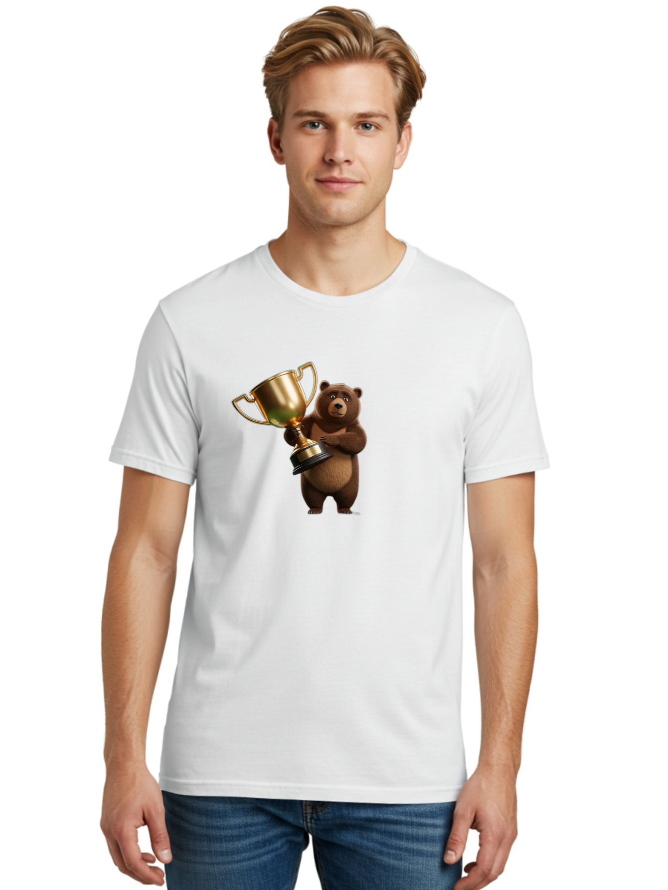 Bear-Holding-Trophy Men'S Graphic Tee, 100% Cotton, Comfortable Casual Summer Wear, Machine Washable, Vintage Camera, Old Camera, Antique Camera, Black Camera, Classic Photography, Photography Equipment, Nostalgic Device, Film Camera, Camera Art Bae857