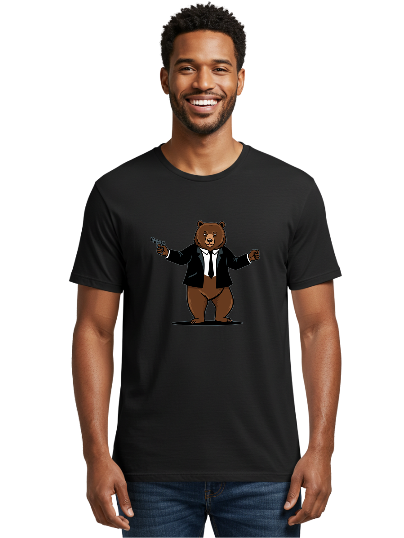 Bear-In-Suit-Holding-Gun Men'S Graphic Tee, 100% Cotton, Comfortable Casual Summer Wear, Machine Washable, Vintage Camera, Old Camera, Antique Camera, Black Camera, Classic Photography, Photography Equipment, Nostalgic Device, Film Camera, Bae859