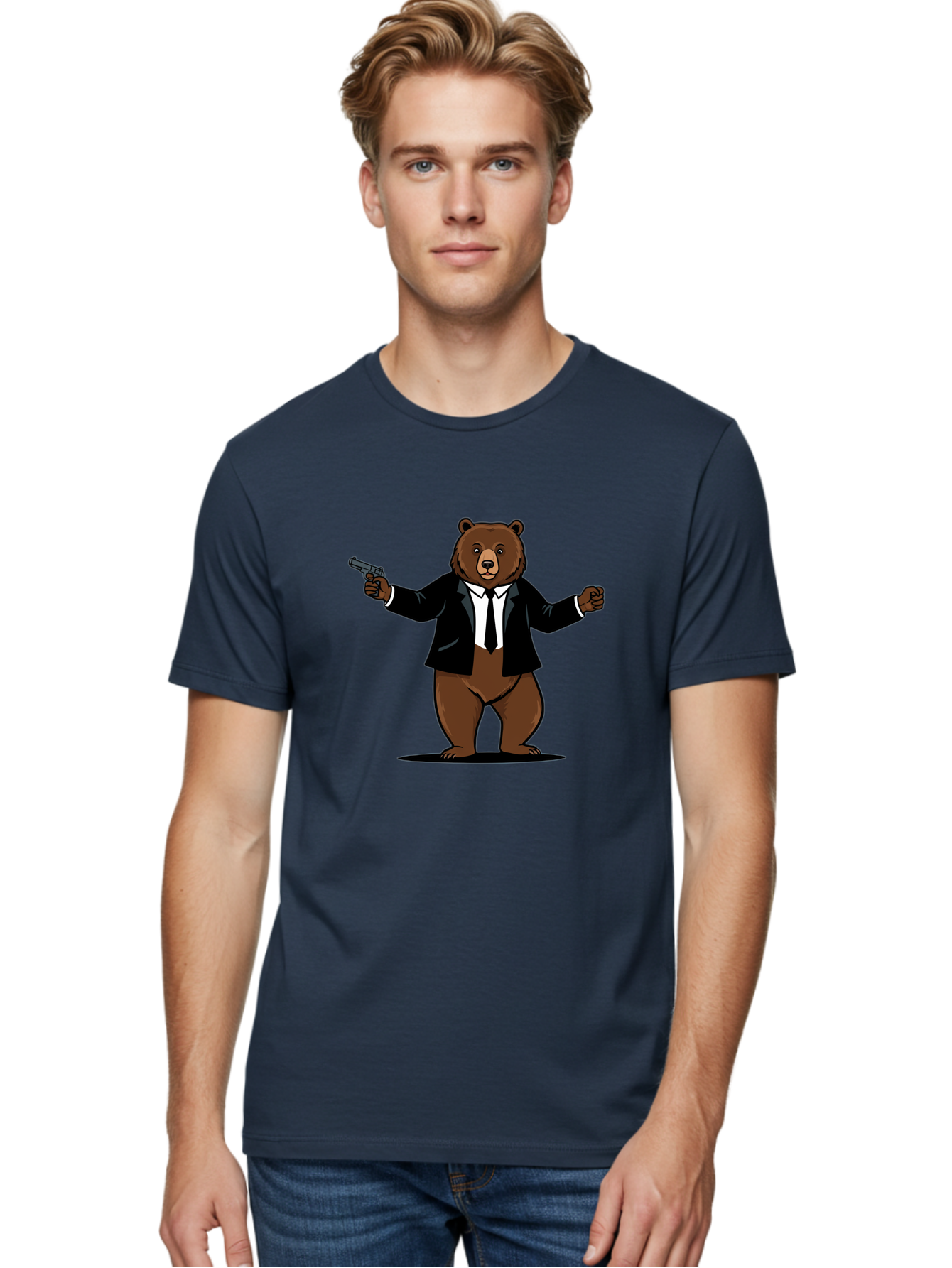 Bear-In-Suit-Holding-Gun Men'S Graphic Tee, 100% Cotton, Comfortable Casual Summer Wear, Machine Washable, Vintage Camera, Old Camera, Antique Camera, Black Camera, Classic Photography, Photography Equipment, Nostalgic Device, Film Camera, Bae859