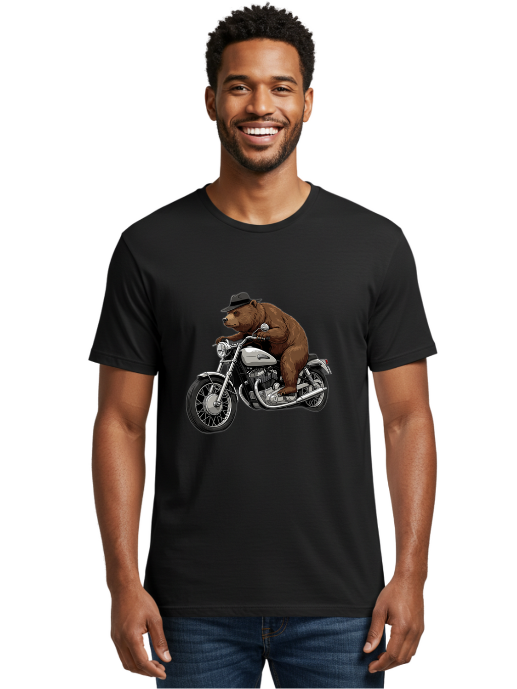 Bear-Riding-Motorcycle Men'S Graphic Tee, 100% Cotton, Comfortable Casual Summer Wear, Machine Washable, Vintage Camera, Old Camera, Antique Camera, Black Camera, Classic Photography, Photography Equipment, Nostalgic Device, Film Camera, Camera Art Bae865