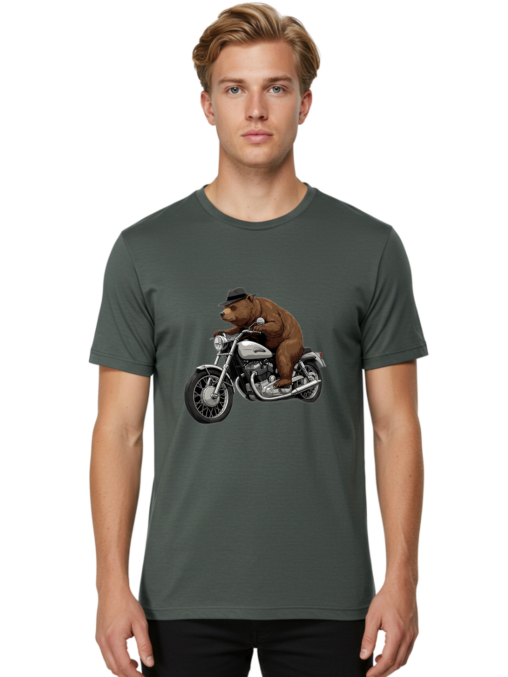 Bear-Riding-Motorcycle Men'S Graphic Tee, 100% Cotton, Comfortable Casual Summer Wear, Machine Washable, Vintage Camera, Old Camera, Antique Camera, Black Camera, Classic Photography, Photography Equipment, Nostalgic Device, Film Camera, Camera Art Bae865