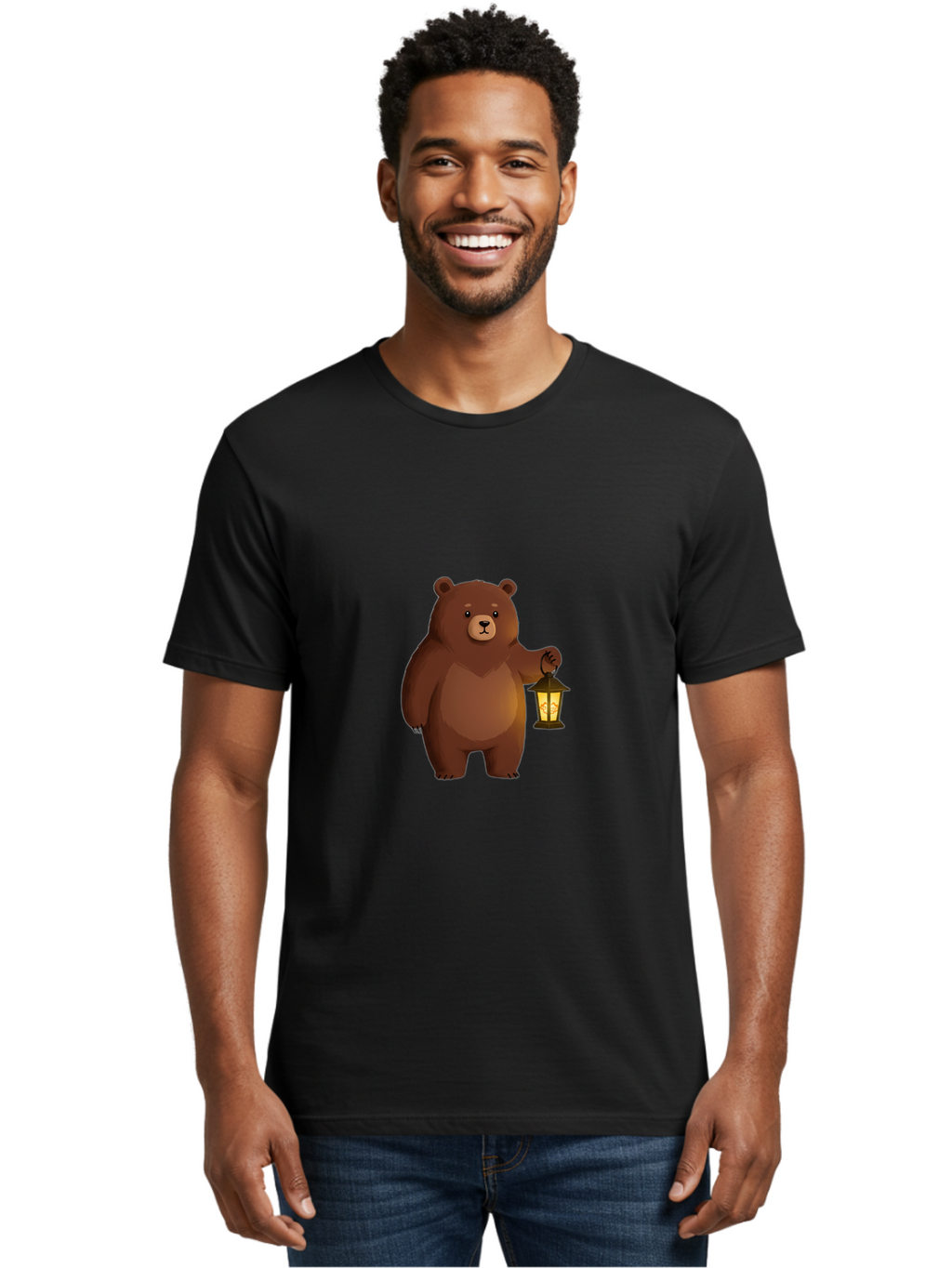 Bear-With-Lantern-1 Men'S Graphic Tee, 100% Cotton, Comfortable Casual Summer Wear, Machine Washable, Vintage Camera, Old Camera, Antique Camera, Black Camera, Classic Photography, Photography Equipment, Nostalgic Device, Film Camera, Camera Art Bae878