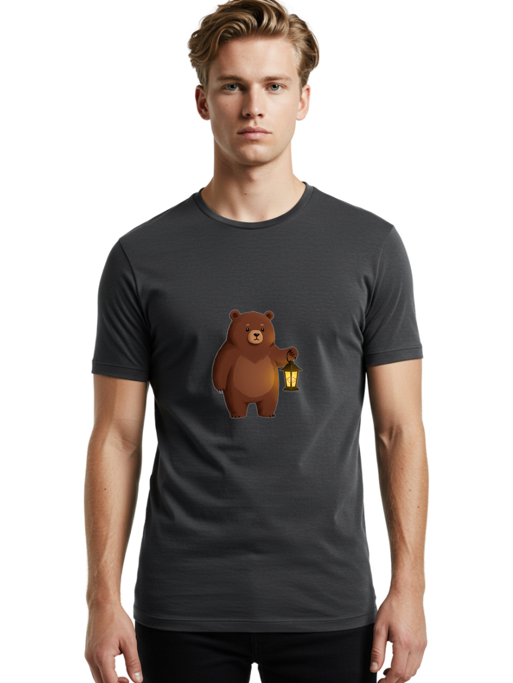 Bear-With-Lantern-1 Men'S Graphic Tee, 100% Cotton, Comfortable Casual Summer Wear, Machine Washable, Vintage Camera, Old Camera, Antique Camera, Black Camera, Classic Photography, Photography Equipment, Nostalgic Device, Film Camera, Camera Art Bae878
