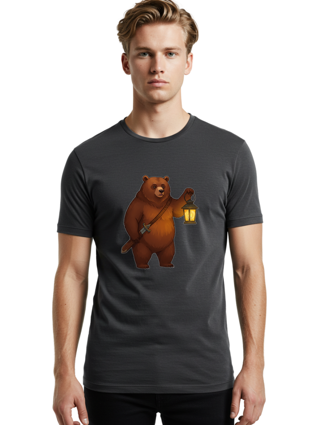 Bear-With-Lantern-2 Men'S Graphic Tee, 100% Cotton, Comfortable Casual Summer Wear, Machine Washable, Vintage Camera, Old Camera, Antique Camera, Black Camera, Classic Photography, Photography Equipment, Nostalgic Device, Film Camera, Camera Art Bae879